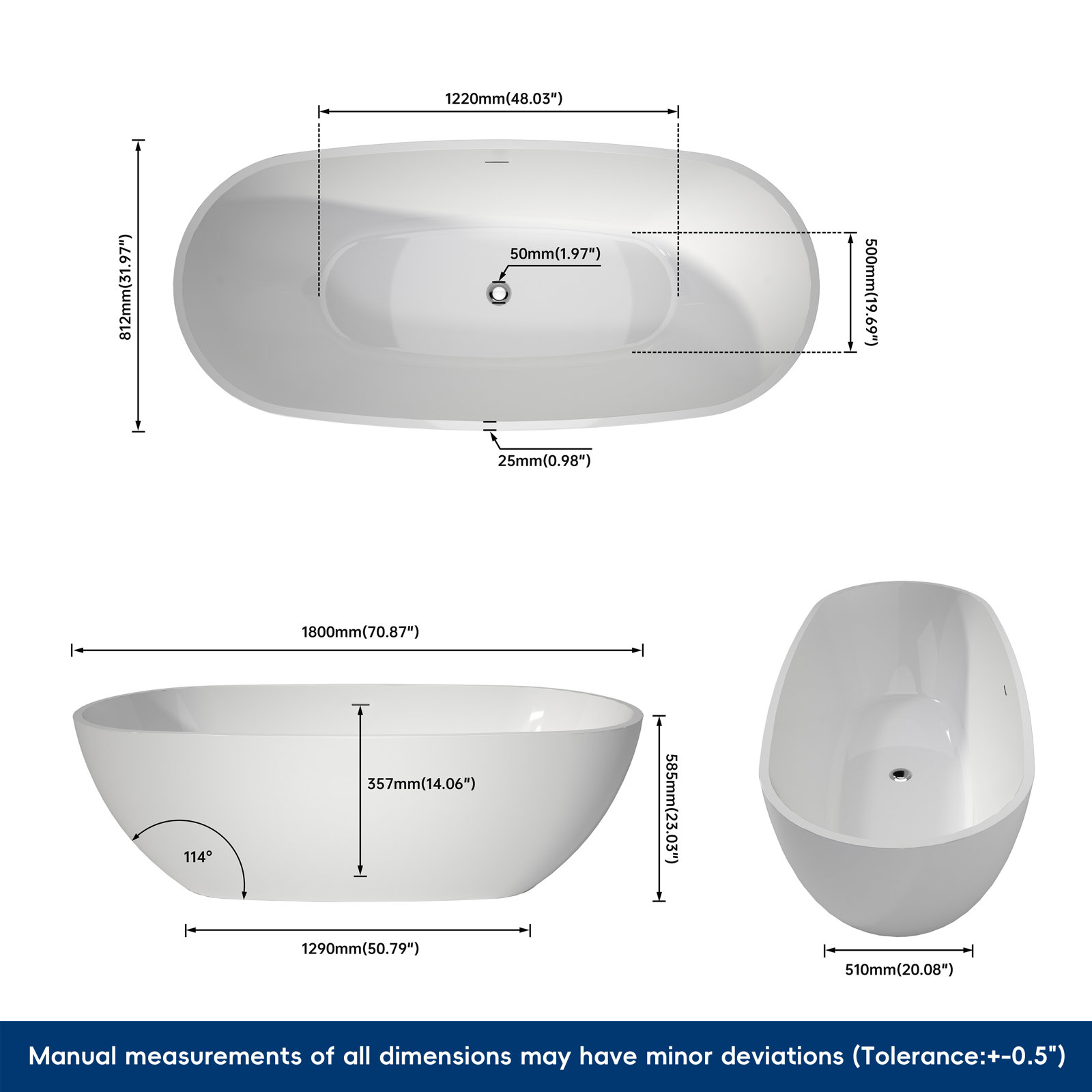 Tidal 71" Freestanding Soaking Acrylic Bathtub