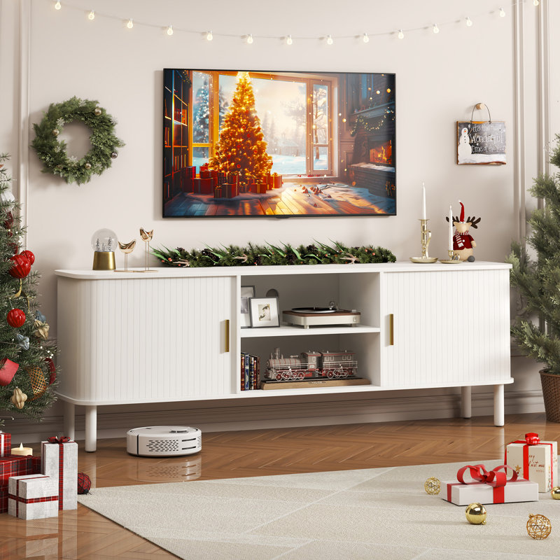 Modern White TV Stand with Sliding Doors & Open Storage Shelves