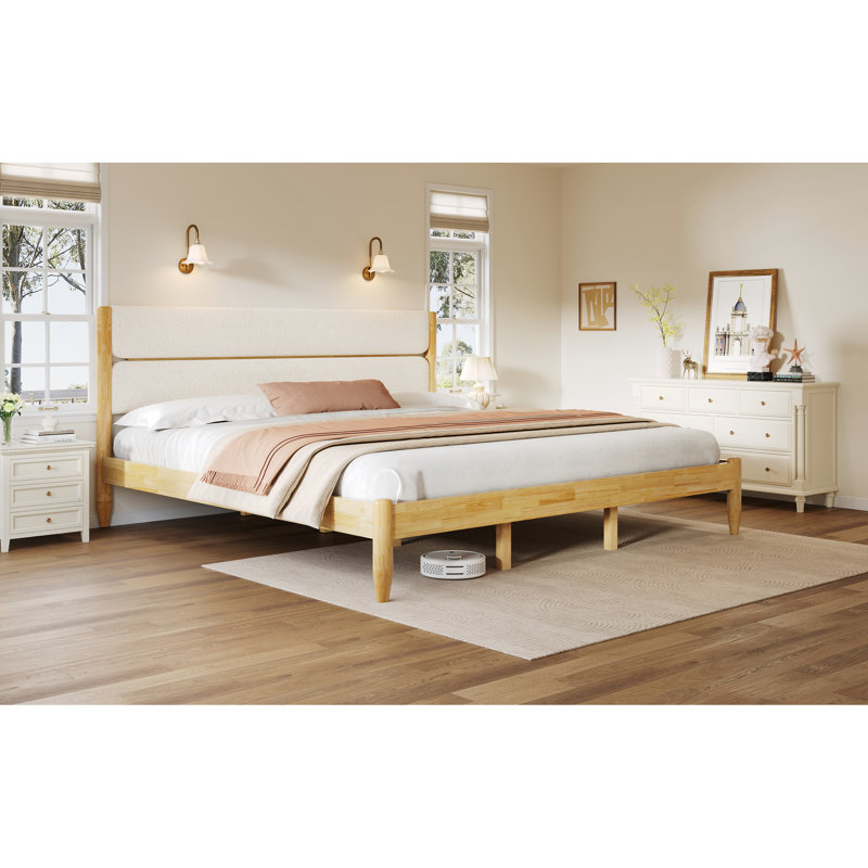 Lit très grand en bois massif avec tête de lit tapissier en molleton, pieds fuselés, support central, grand espace de rangement sous le cadre en caoutchouc, panneaux latéraux, pieds pour plus de soutien et de style