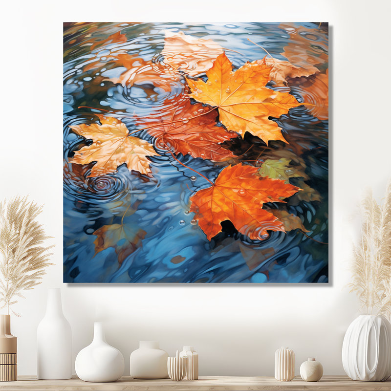 Feuilles d'automne flottant sur un étang II - feuilles, art mural, Métal métal, H 36 po x l 36 po x P 1,5 po