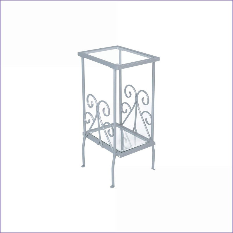 Table basse peu encombrante avec structure en métal argenté et amp; Tablette à deux niveaux en verre trempé, décor transitionnel pour le salon