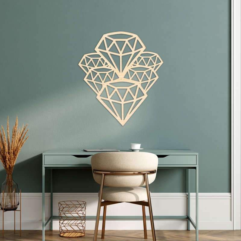 Art mural de sept diamants faits de lignes - bouleau baltique naturel, H 46 po x l 42,3 po x P 0,25 po