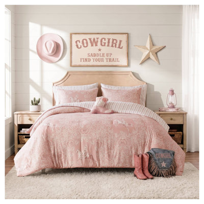 Ensemble de couette 6 pièces imprimé cowgirl rose western avec revers à rayures florales - Ensemble de literie en microfibre