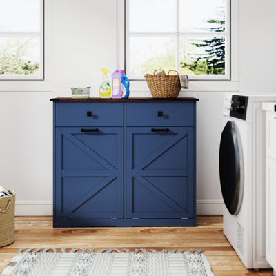 Armoire à ordures inclinable bleue pour bacs 2 x 10 gallons, salle à manger compacte et stable, porte de grange avec charnières lisses