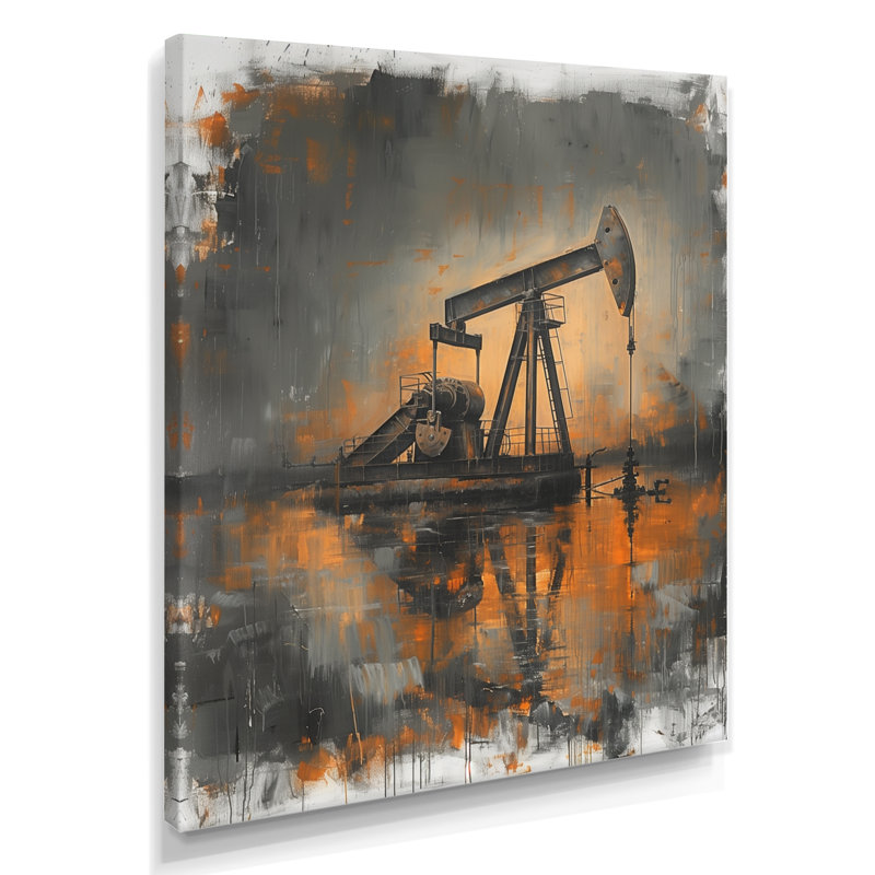 «Grey Orange Winter Oil Fields Powing Iron» - Reproduction d'art mural, Canevas, 24" H x 32" W x 1" D