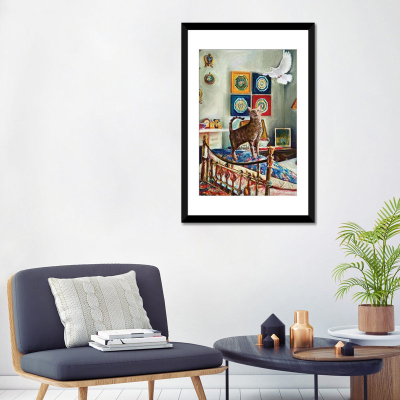Chaton et la colombe - reproduction d'art murale - papier d'art encadré, 32 po x 24 po, Framed Paper, Black