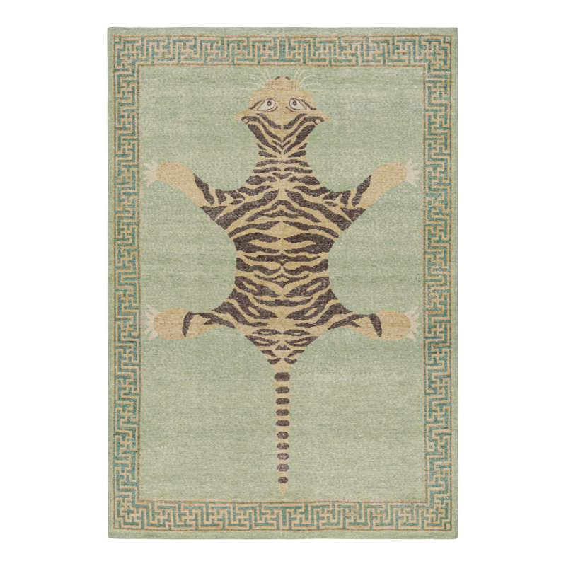 Rug & Kilim’S Distressed Tiger Skin Rug Design In Green With Pictorial, Rectangle 5' x 8'