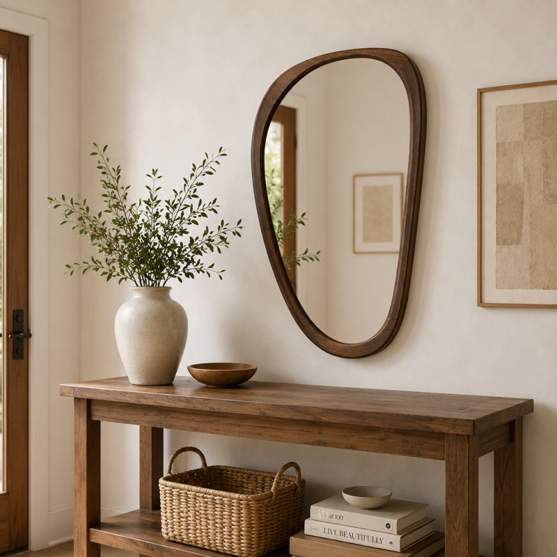 Solid Wood Irregular Wall Mirror Accent Mirror for Entryway Bedroom, Deep Walnut, 36" x 24"