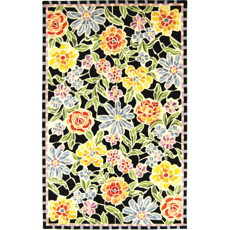 Hollander Floral Hand Hooked Wool Black Area Rug, Rectangle 2'6" x 4'