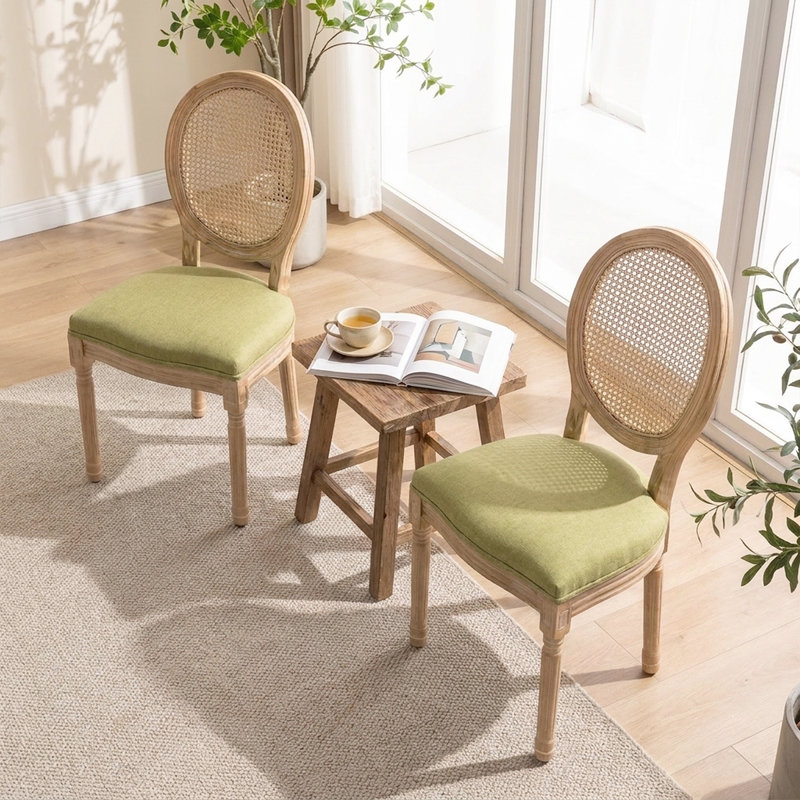 Chaises de salle à manger d'inspiration rétro avec structure en bois massif - dossier en rotin, tissu en lin, ensemble de 2