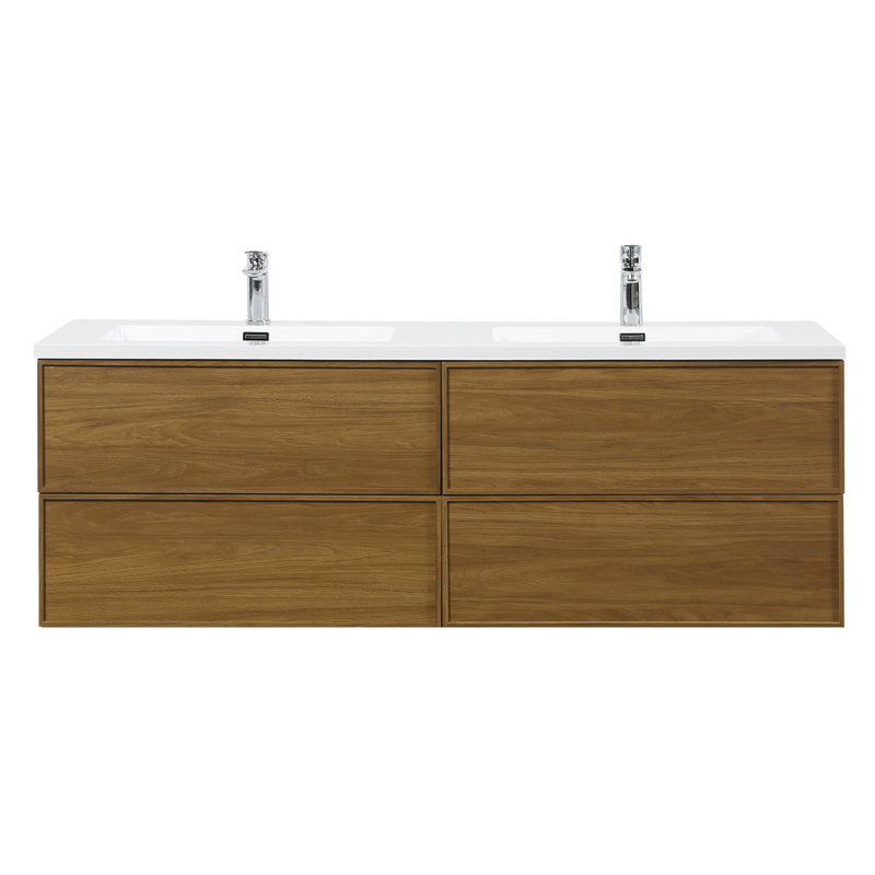 Meuble-lavabo flottant 4 tiroirs Lucille l 60 po x P 21 po en noyer doré miel avec double lavabo et plateau blanc, Brun