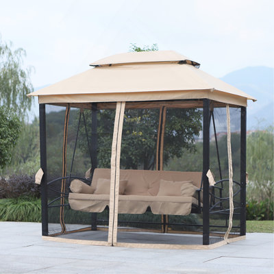 Balancelle d'extérieur avec abri de jardin à 3 niveaux, parois latérales en filet, siège et coussins rembourrés, beige