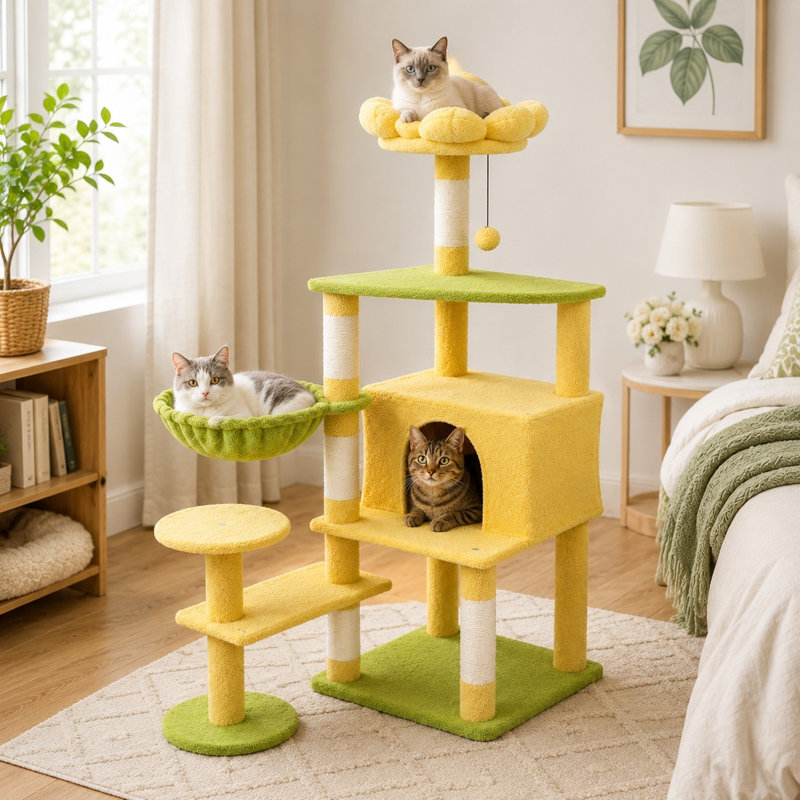 Arbre à chat 56 po avec grand condo et hamac 56 po, Vert; jaune