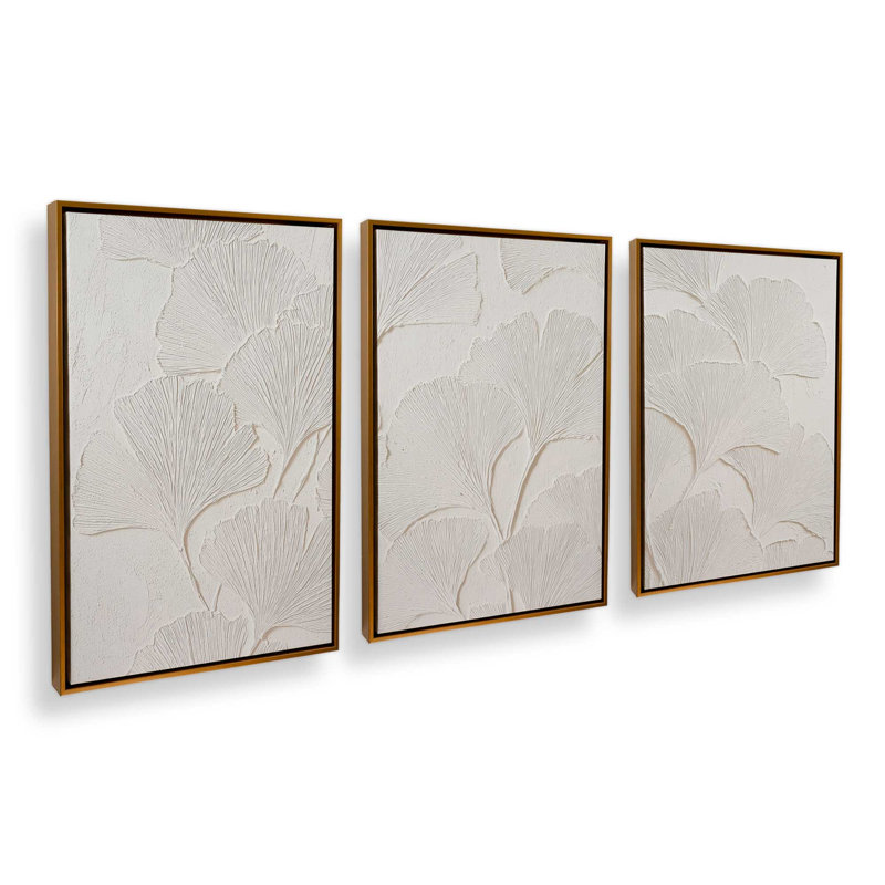 Ensemble de 3 impressions Ginkgo Whispers, 48 po x 32 po, Cadre flottant doré poli