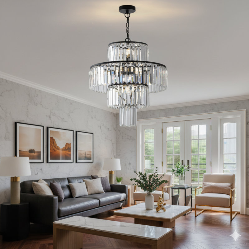 Un lustre en cristal moderne de 20 pouces avec une finition noire, présentant un design à quatre niveaux pour les salles à manger ou les salons. Ce luminaire suspendu en cristal élégant n'inclut pas d'ampoule.