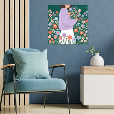 Femme, cueillette de fleurs printanières, art mural nature fantaisiste
