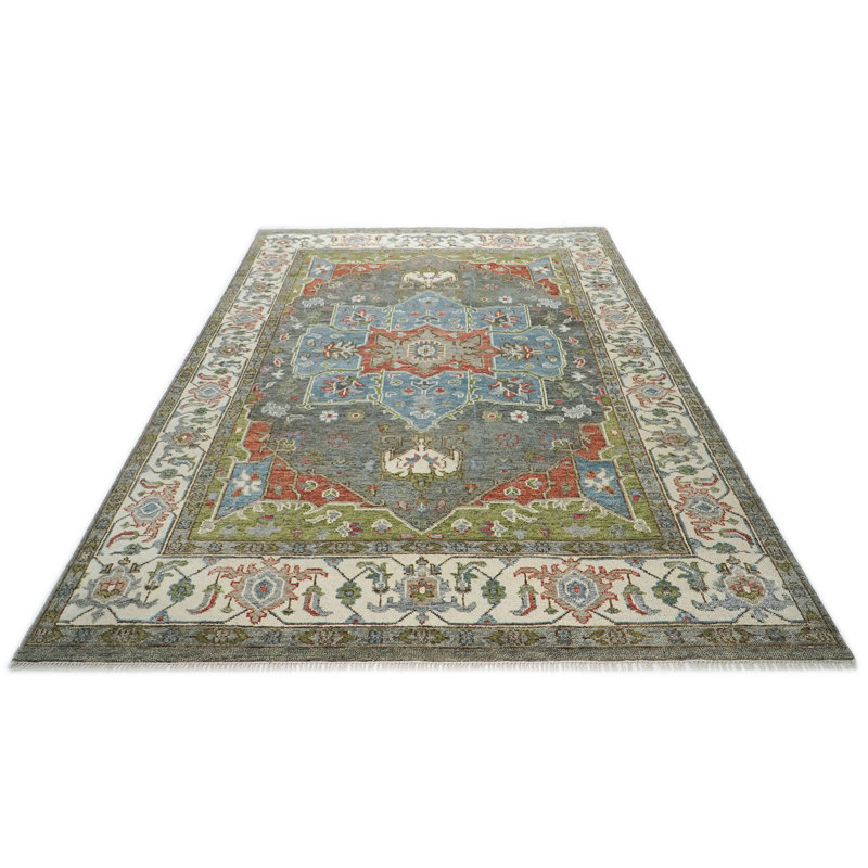 Tapis gris en laine noué à la main 9 pi 11 po x 14 po Oushak