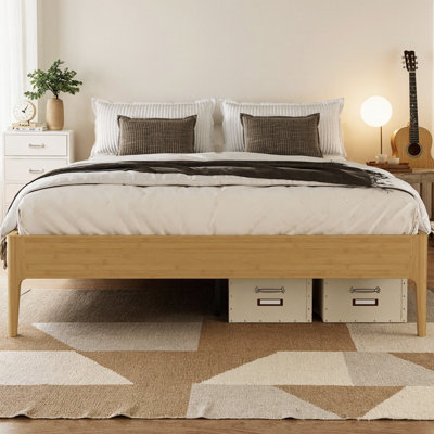 15 Inch High Solid Bamboo Platform Bed Frame with Metal Support, Modern Minimalist Wood Slat Base, No Box Spring Needed, Noise-Free, Easy Assembly