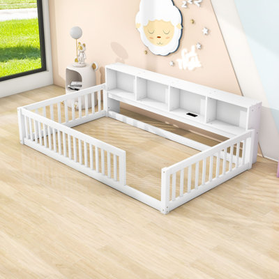 Wood Twin XL Floor Bed with Built-In Storage Shelves and USB Charging Ports
