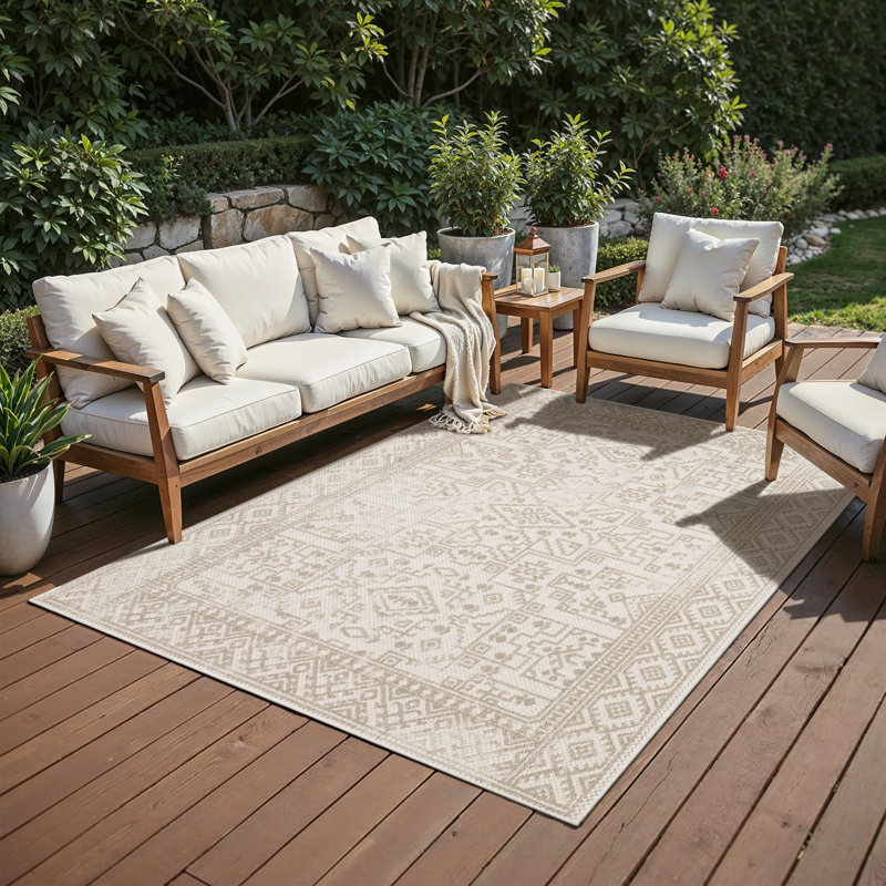 Tavraj Global Distressed Tribal Beige / Ivory Indoor/Outdoor Rug, Rectangle 7'10" x 10'