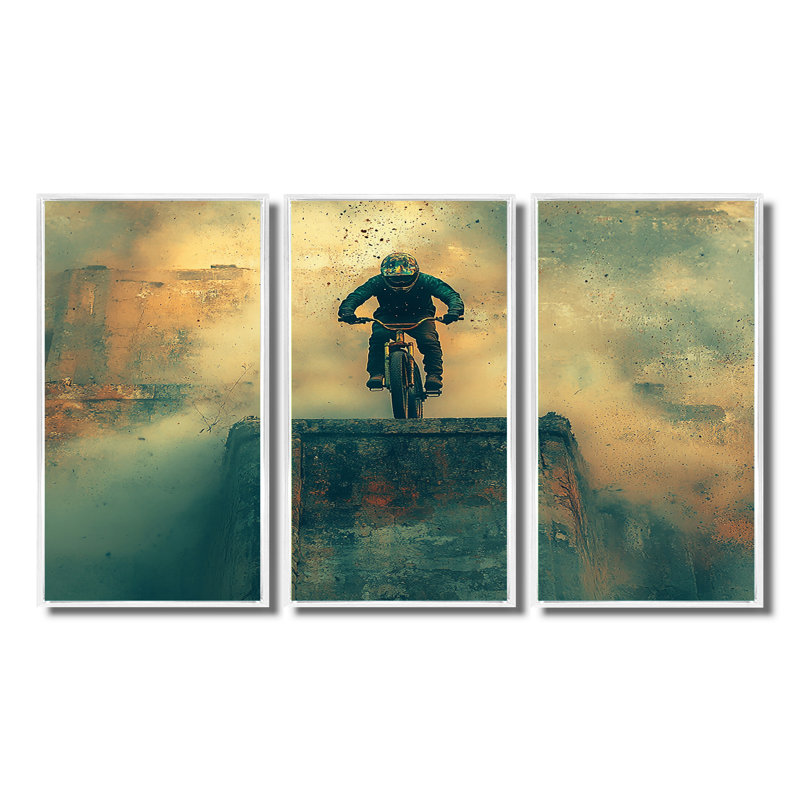 Green Freestyle Bmx Bike Tricks - ensemble d'art mural vélo, Toile encadrée flottée blanche, H 32 po x l 48 po x P 1 po