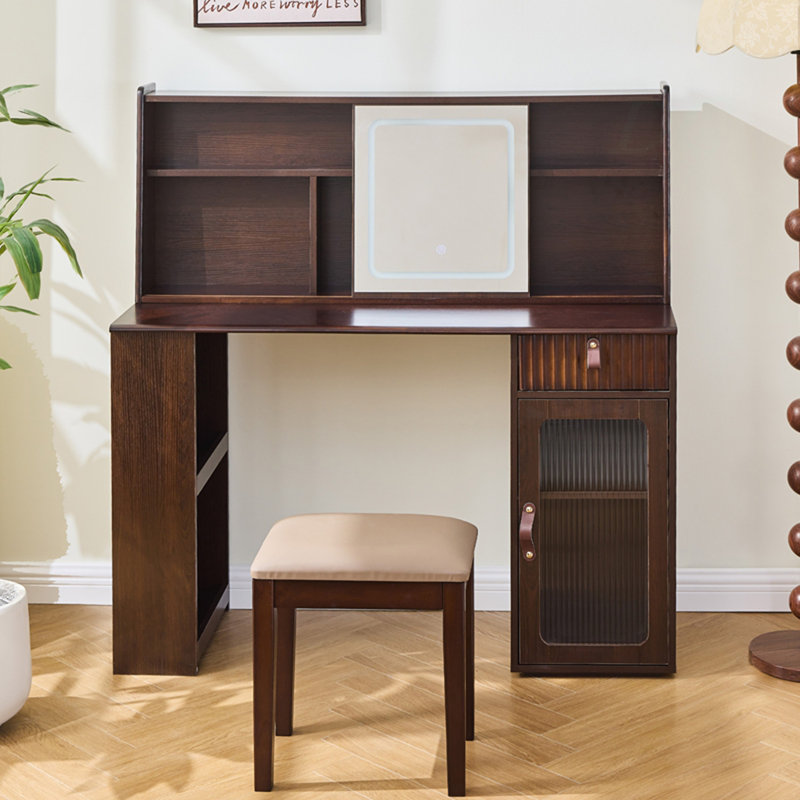Ensemble de coiffeuse élégant avec miroir lumineux réglable 3 modes, coiffeuse moderne avec grandes tablettes, tiroir et canette