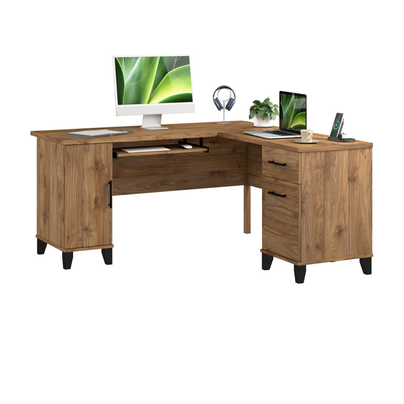 Paelynn 60” L-Shaped Desk with Storage and Drawers, Corner Computer Office Desk, Modern Wood, Fresh Walnut, Fresh Walnut