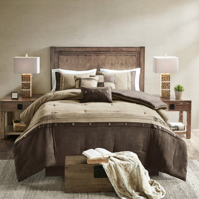 Édredon très grand 7 pièces brun - simili suède, thème chalet avec coussins, rembourrage, aspect suède lavable à la machine et froissé, vapeur décorative