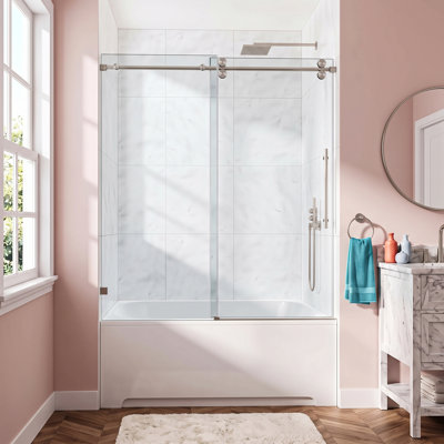 Porte de douche coulissante simple sans cadre, verre trempé de 10 mm (3/8 po) avec pellicule anti-éclats, roulettes silencieuses en acier inoxydable