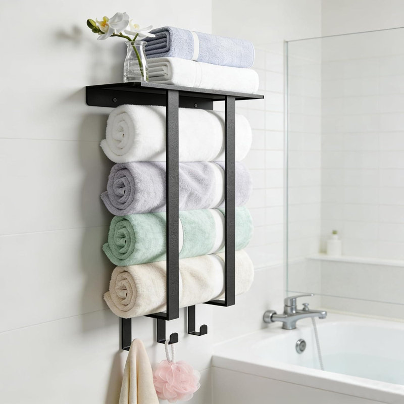 Porte-serviettes mural en acier inoxydable noir avec tablette et crochets