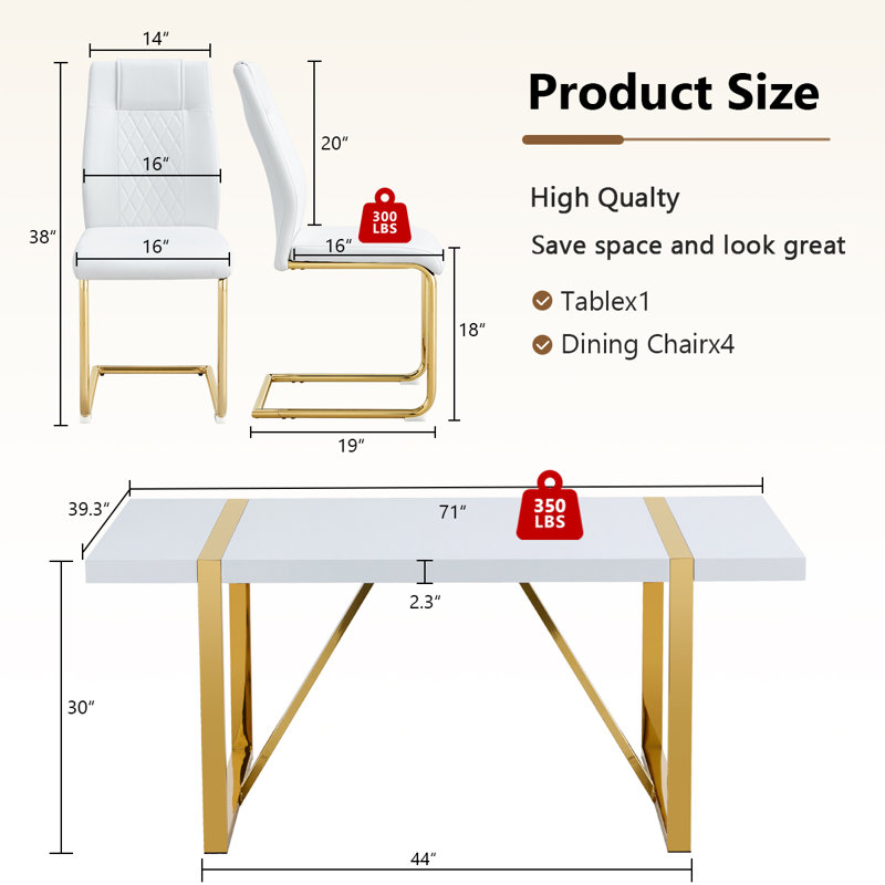 Ensemble de salle à manger rectangulaire pour 6 personnes, 6 chaises en similicuir de luxe, Doré, Blanc / Doré