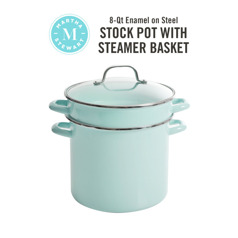 Martha Blue 8-Quart Enamel Steel Stock Pot with Steamer Insert