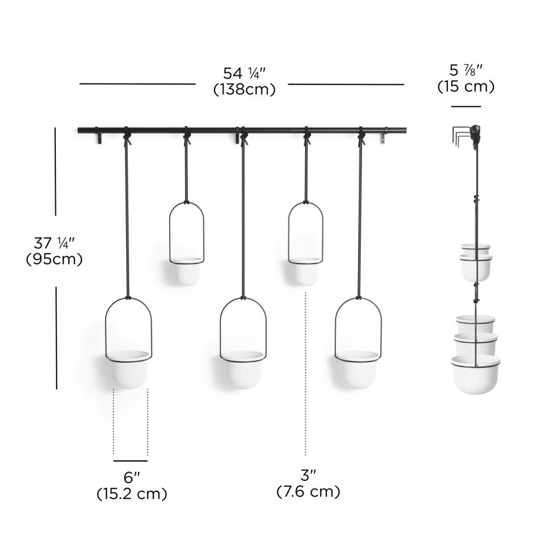 Triflora Hanging Planter, Adjustable Ropes with Rod, Set of 5, Blanc / noir