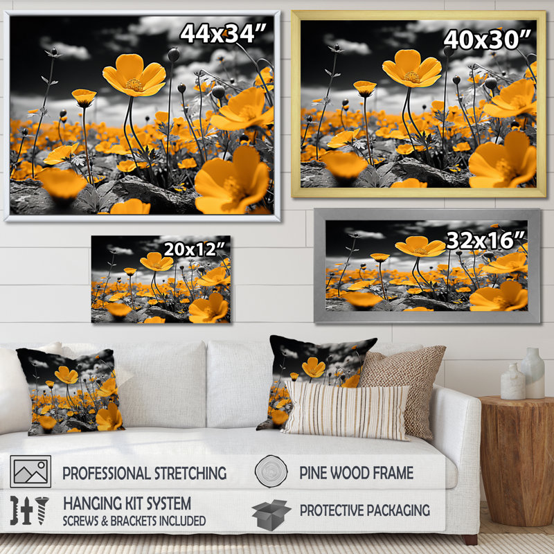 Jaune, jaune, doré, boutons d'or, noir et blanc, impression sur toile encadrée, H 20 po x l 12 po x P 1 po, Naturel