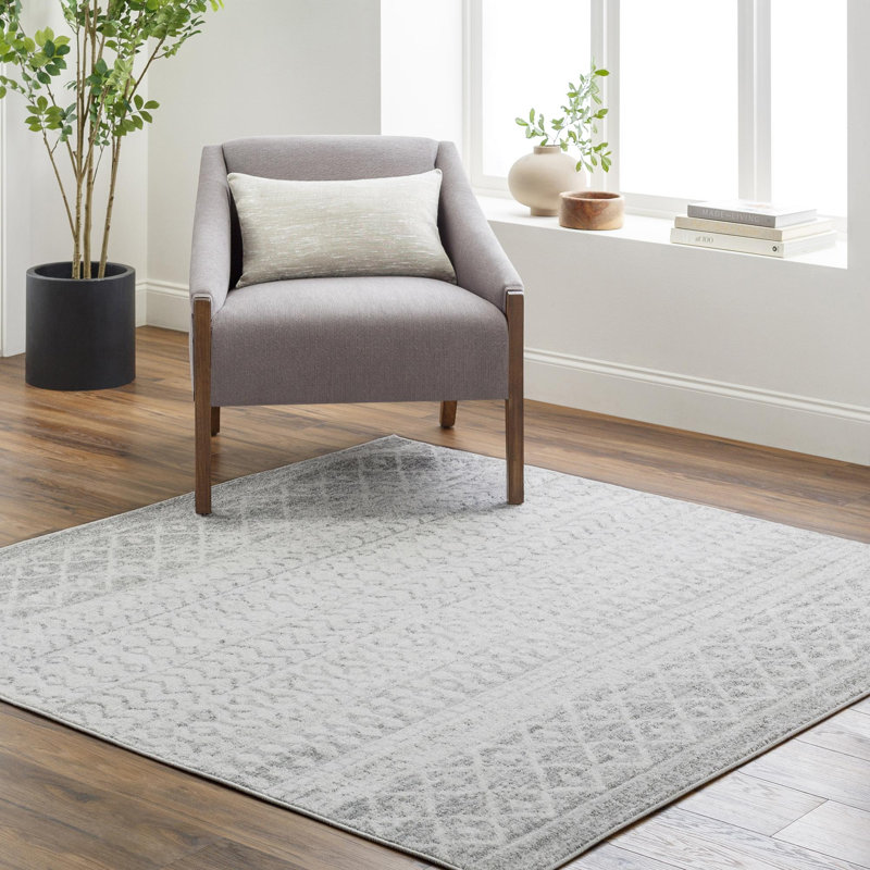 Tapis géométrique gris clair / gris / blanc Warkentin, Carré 7 pi 10 po