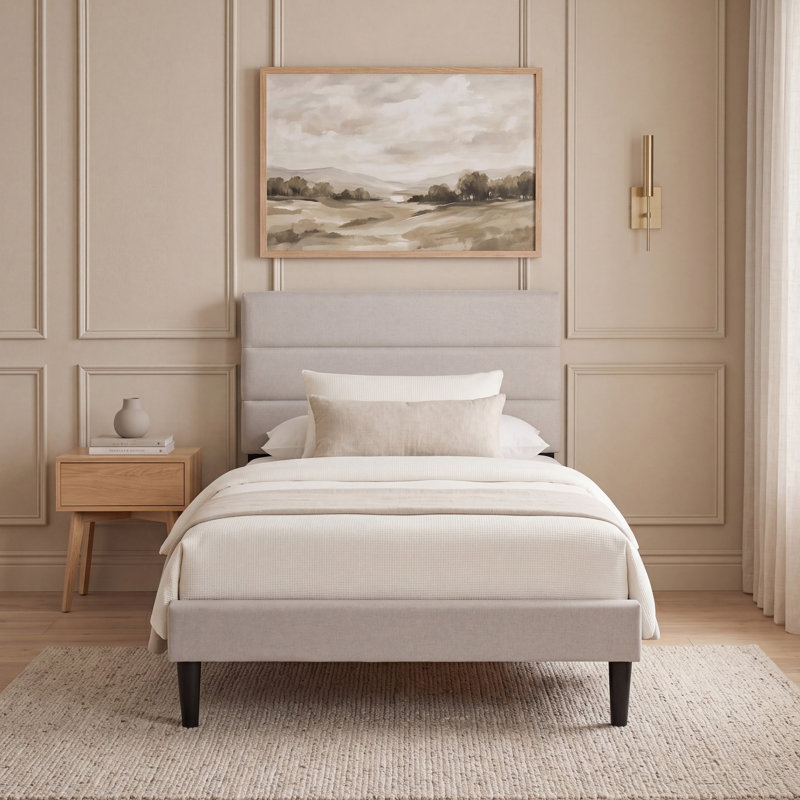 Modern Linen Effect Fabric Bed Frame with Adjustable Headboard for Bedroom Furniture, Single (3'), Beige