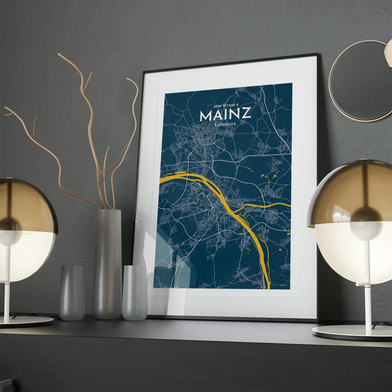 Mainz, carte de la ville, impression, H 17 po x l 11 po, Bleu / jaune