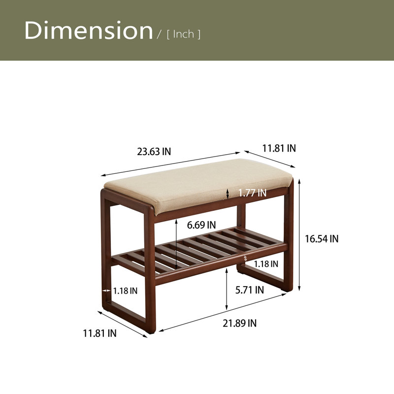 Banc à chaussures en bois massif, étagère de rangement en bois de hêtre avec coussin éponge à rebond élevé