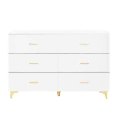 Modern 6-Drawer White Dresser with Gold Aluminum Handles & Triangle Legs - Bedroom Storage Chest