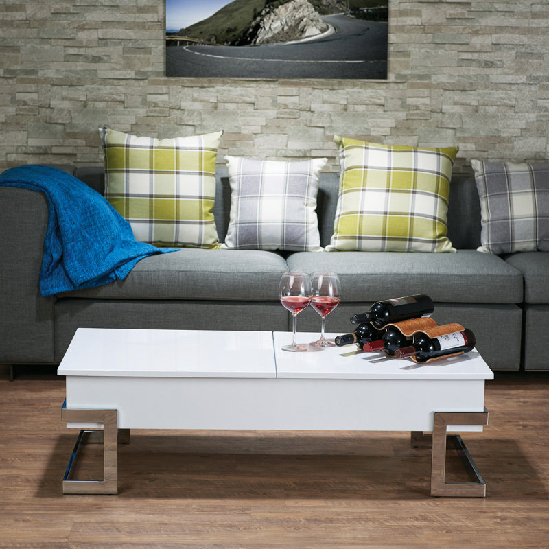 Table basse en bois avec plateau relevable et base en métal, Blanc