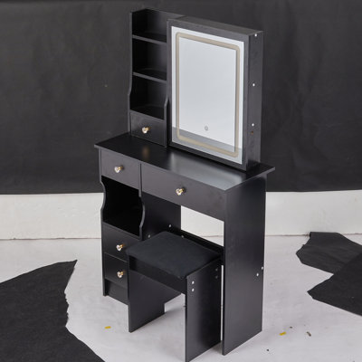 29.2" Small Size Left Drawer Desktop Vanity Table + Cushioned Stool, Large Sliding, Touch Control, Tri-Color Switching, Brightness Adjust LED Mirror, High Capacity Storage, Makeup Vanity
