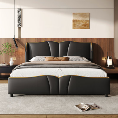 Cadre de lit tapissier grand en cuir, cadre de lit moderne avec tête de lit à oreilles, lit plateforme tapissier avec pied de lit ondulé, sans sommier, noir