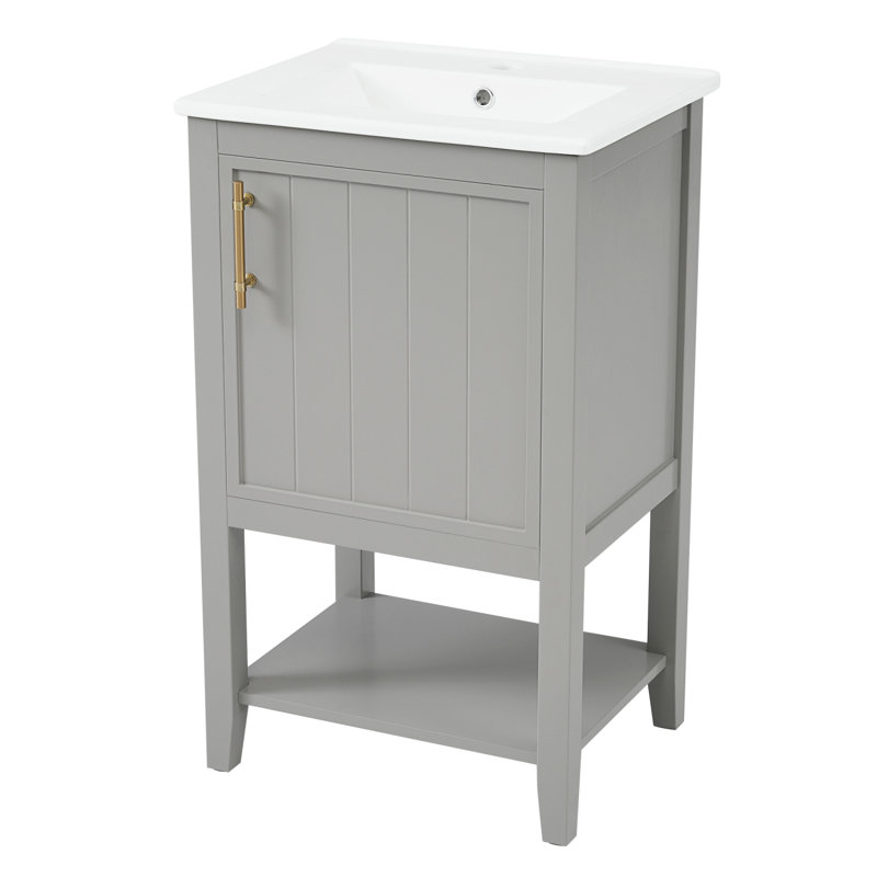 Meuble-lavabo avec lavabo, armoire de salle de bain avec porte, support de rangement et tablette ouverte, Gris