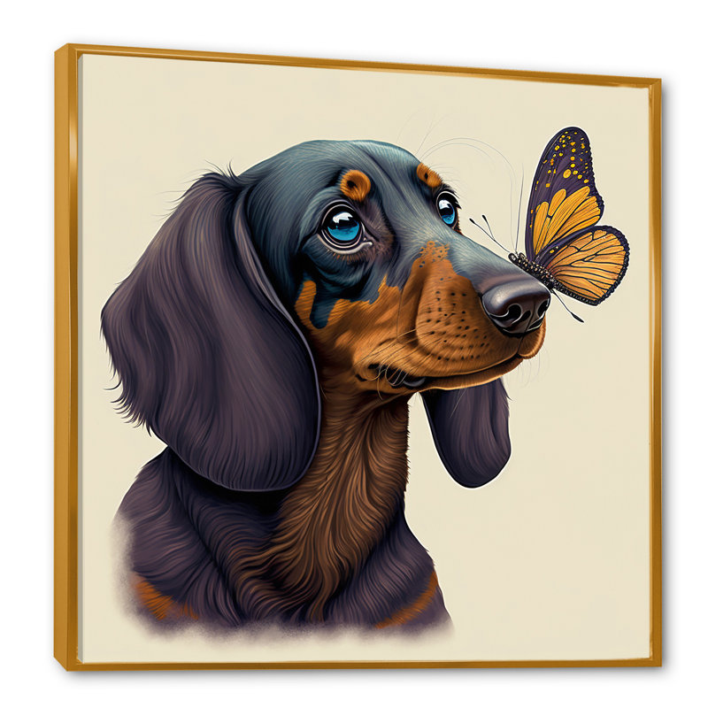 Caricature de bachshund avec papillon - reproduction sur toile, H 16 po x l 16 po x P 1 po, Toile avec cadre flottant or