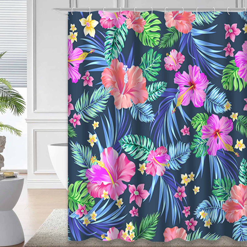 Rideau de douche imperméable hibiscus à motif floral tropical avec 12 crochets, L 72 po x l 78 po