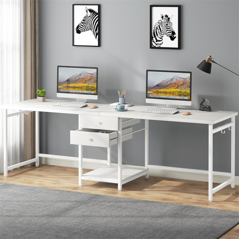 79-Inch Two Person Computer Desk With Drawers And Storage Shelves, Extra Long Double Workstation Table With Hooks, Industrial Writing Desk For Home Office, White