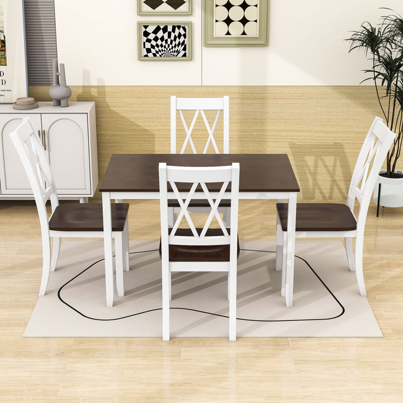 Ensemble de salle à manger 5 pièces en bois avec table de cuisine et 4 chaises à lattes Adalid, Blanc