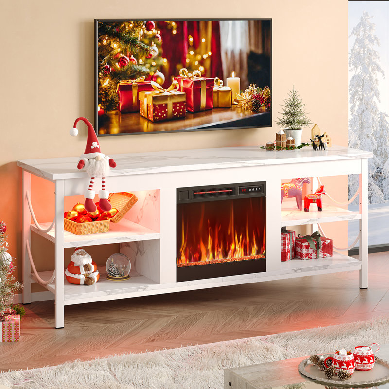 55 Inch Electric Fireplace TV Stand Fit For Tvs Up To 65 Inch Gaming Entertainment Center With Open Storage Shelves, White