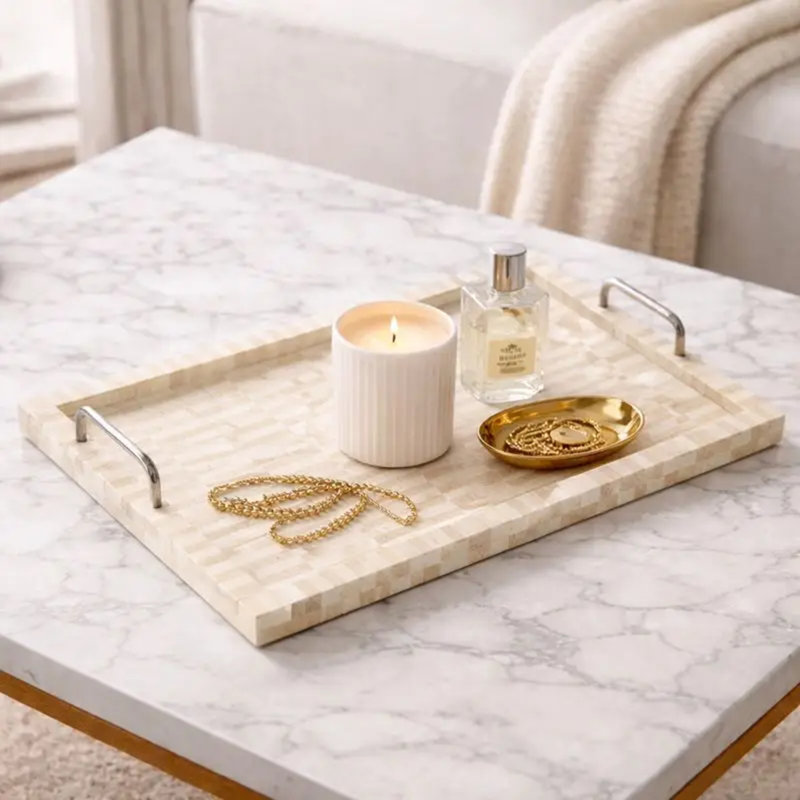 Decorative Tray | Resin & Bone Inlay Decor Tray | 18X14X2.5 inches, 2.5" H x 14" W x 18" D, Beige