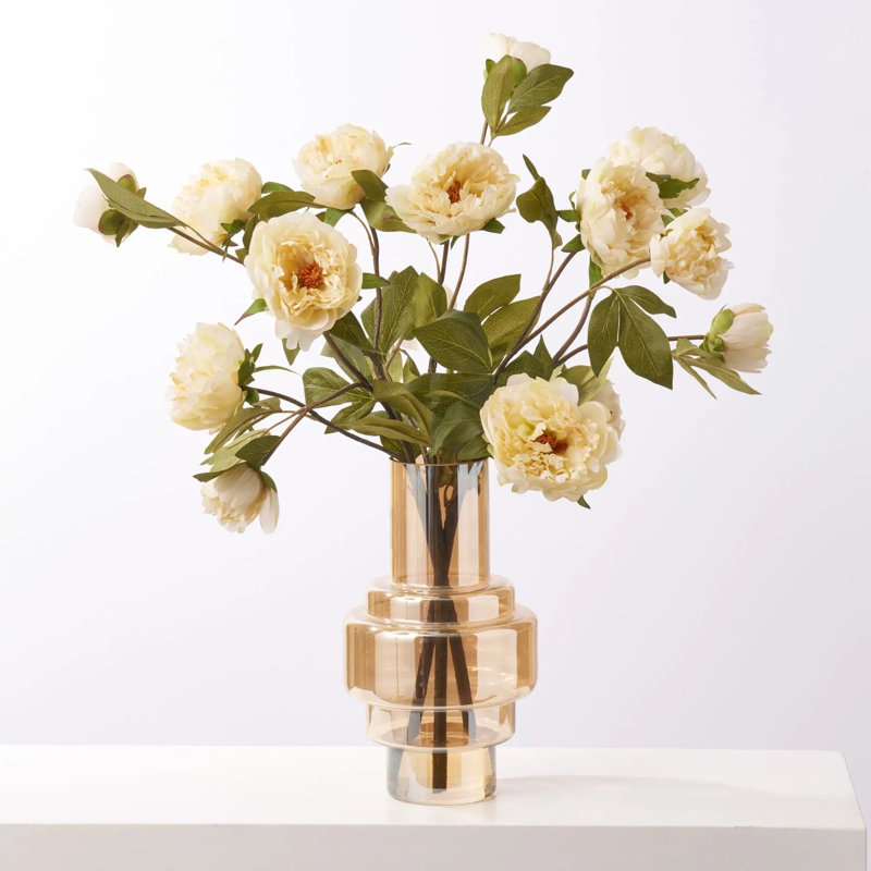 Lifelike Fall Cream Beige Peony Blooms & Buds in Modern Amber Tone Large Everyday Faux Floral Water Illusion Arrangement